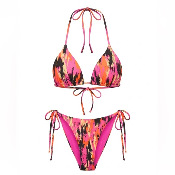 Oneone Other - Triangle Tie-Side Bikini Set in Pink & Orange Abstract Print